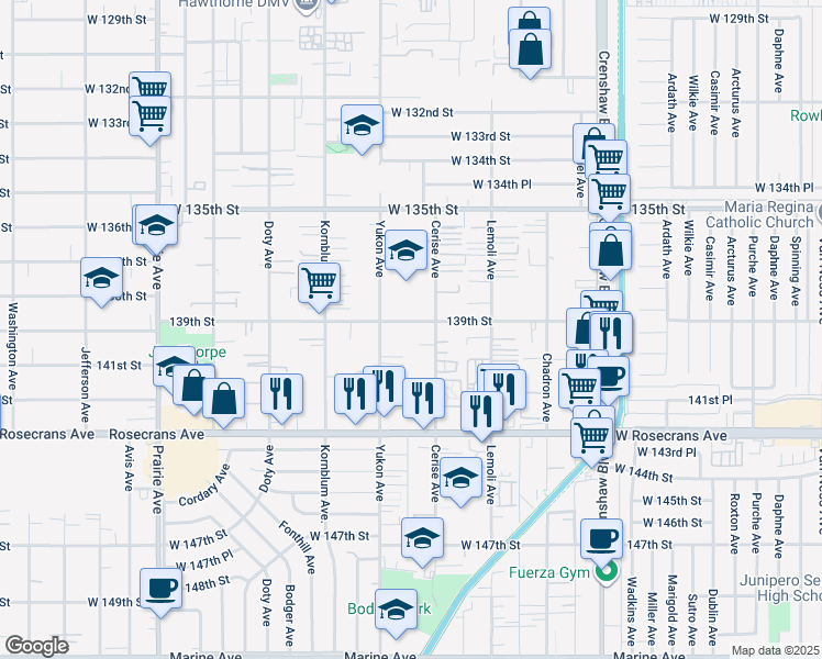 map of restaurants, bars, coffee shops, grocery stores, and more near 3505 139th Street in Hawthorne