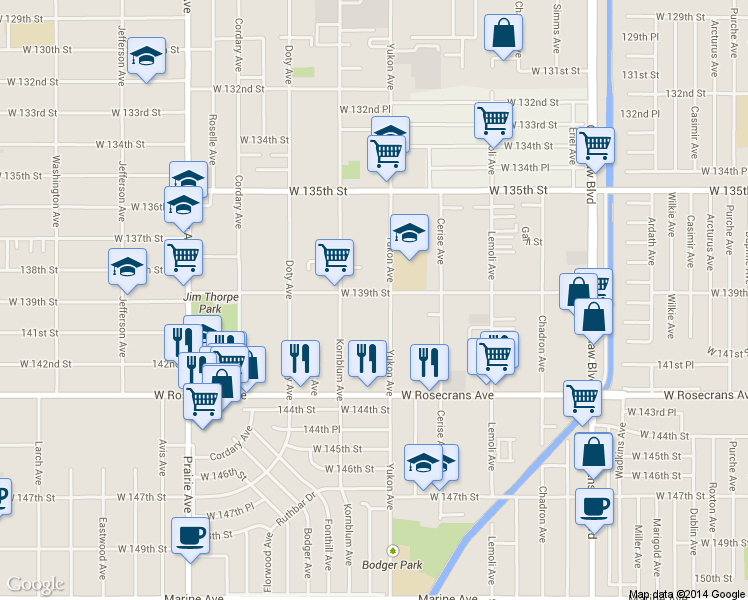 map of restaurants, bars, coffee shops, grocery stores, and more near 3637 139th Street in Hawthorne