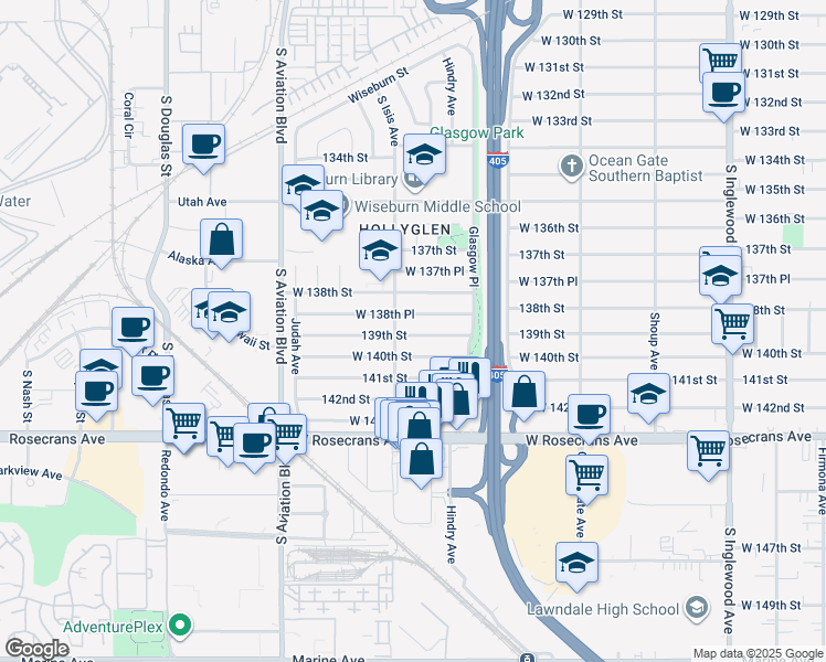 map of restaurants, bars, coffee shops, grocery stores, and more near 5341 West 138th Place in Hawthorne