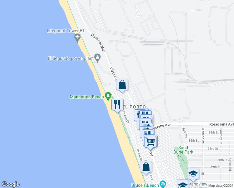 map of restaurants, bars, coffee shops, grocery stores, and more near 601 Vista Del Mar in Manhattan Beach