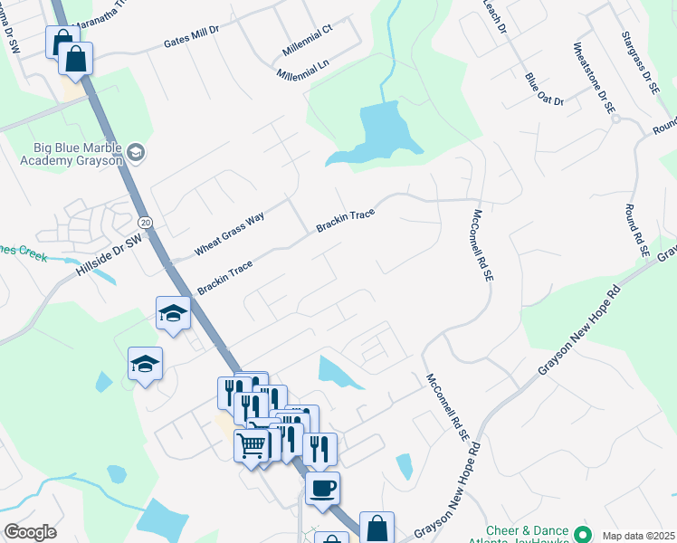 map of restaurants, bars, coffee shops, grocery stores, and more near 406 Dunaway Court in Grayson