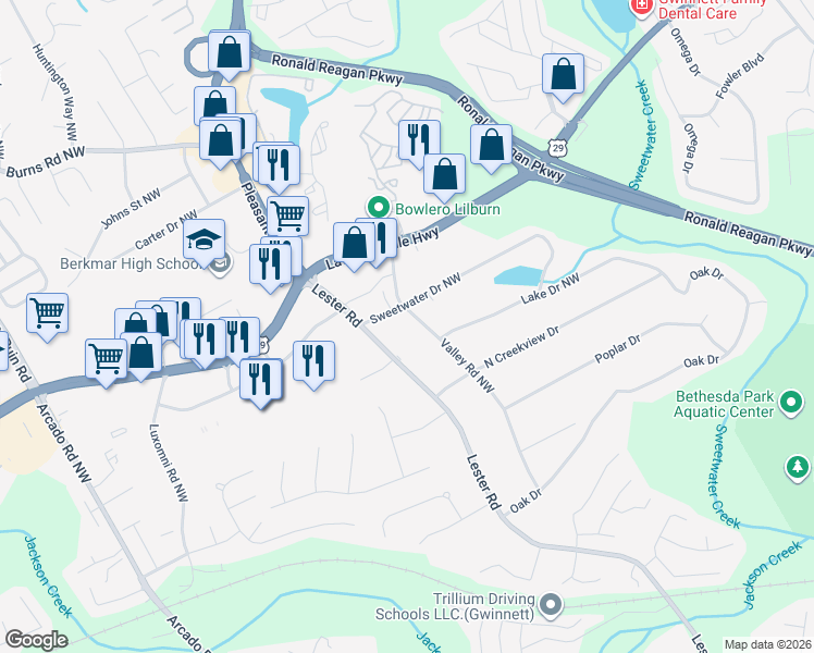 map of restaurants, bars, coffee shops, grocery stores, and more near 276 Valley Road Northwest in Lawrenceville
