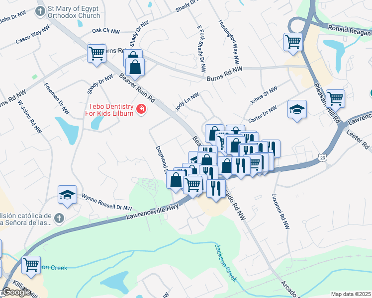 map of restaurants, bars, coffee shops, grocery stores, and more near 4236 Beaver Ruin Court in Lilburn
