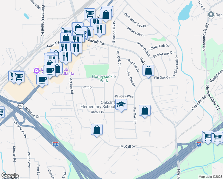 map of restaurants, bars, coffee shops, grocery stores, and more near 3864 Pin Oak Circle in Doraville