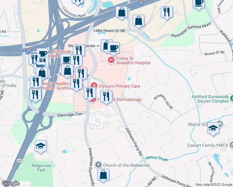 map of restaurants, bars, coffee shops, grocery stores, and more near 1100 Johnson Ferry Road in Sandy Springs
