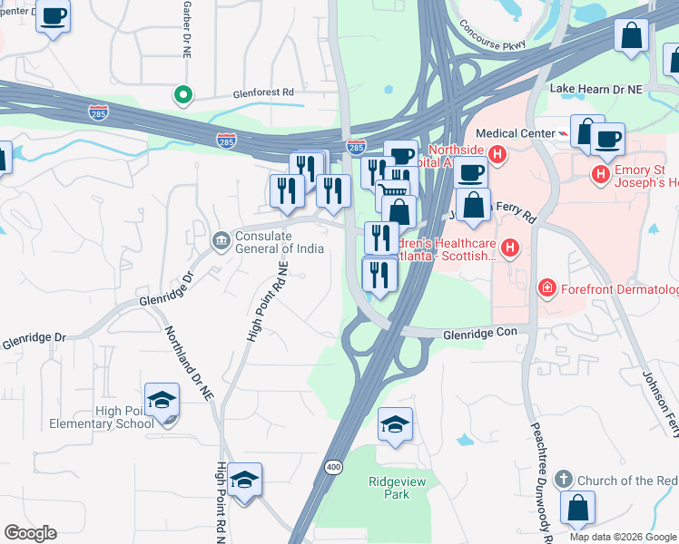 map of restaurants, bars, coffee shops, grocery stores, and more near 5565 Glenridge Connector in Atlanta