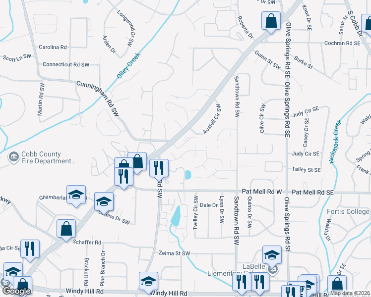 map of restaurants, bars, coffee shops, grocery stores, and more near 1965 Austell Circle Southwest in Marietta
