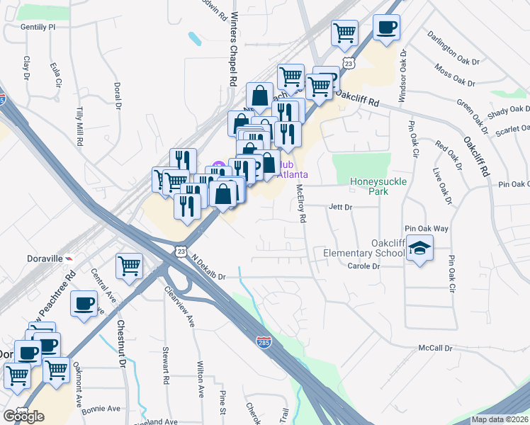map of restaurants, bars, coffee shops, grocery stores, and more near 3852 McElroy Road in Doraville