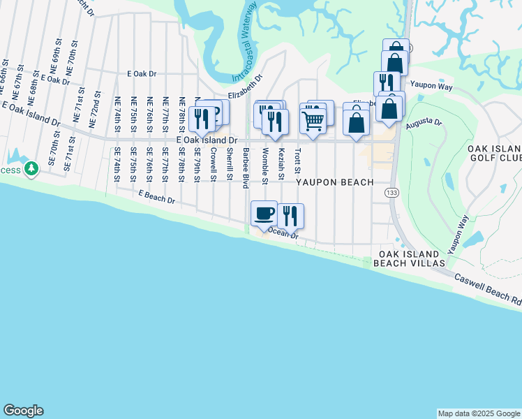 map of restaurants, bars, coffee shops, grocery stores, and more near 207 Womble Street in Oak Island