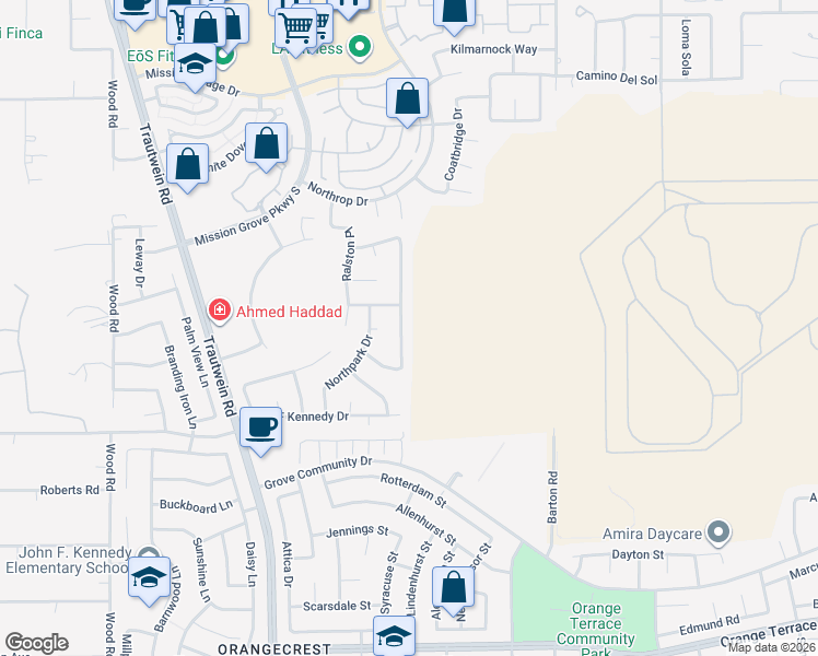 map of restaurants, bars, coffee shops, grocery stores, and more near 7996 Crestmont Place in Riverside