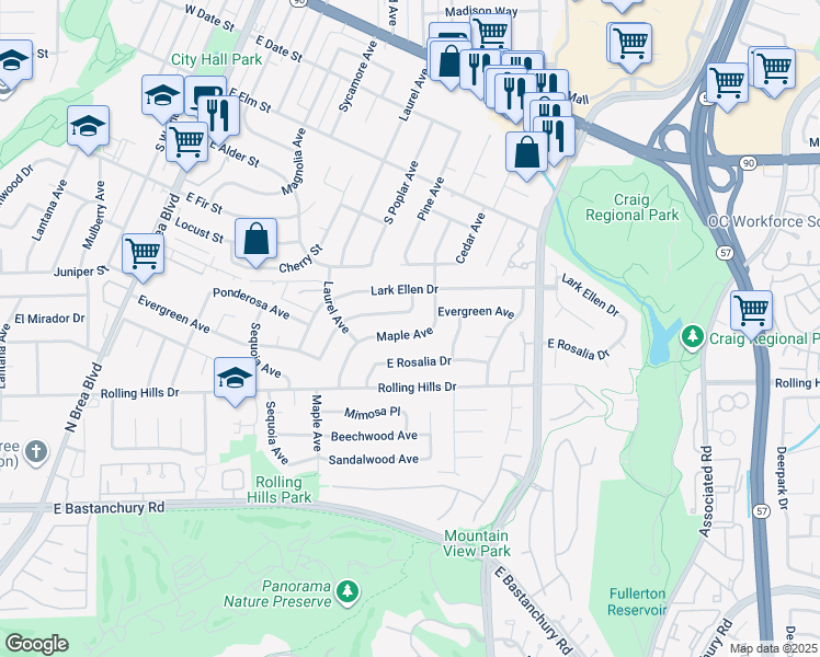 map of restaurants, bars, coffee shops, grocery stores, and more near 1801 Evergreen Avenue in Fullerton