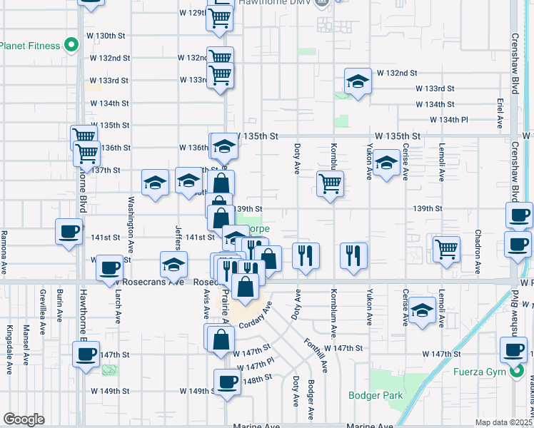 map of restaurants, bars, coffee shops, grocery stores, and more near 13762 Cordary Avenue in Hawthorne