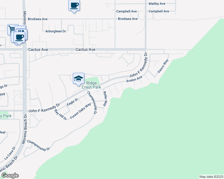 map of restaurants, bars, coffee shops, grocery stores, and more near 14868 Norfolk Circle in Moreno Valley