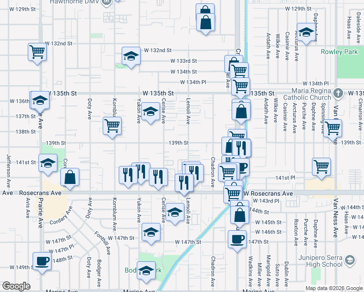 map of restaurants, bars, coffee shops, grocery stores, and more near 3314 139th Street in Hawthorne