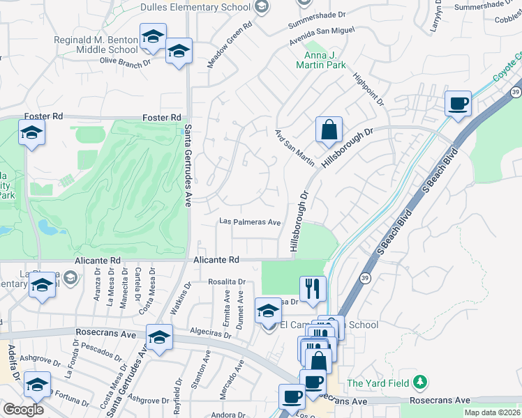 map of restaurants, bars, coffee shops, grocery stores, and more near 15955 Alta Vista Drive in La Mirada