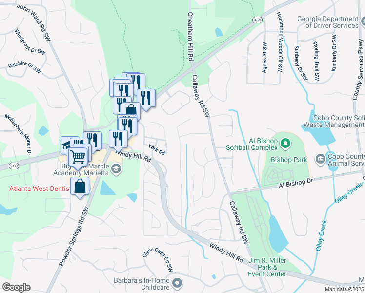 map of restaurants, bars, coffee shops, grocery stores, and more near 2097 Kolb Ridge Court Southwest in Marietta