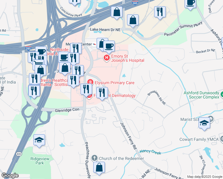 map of restaurants, bars, coffee shops, grocery stores, and more near 1100 Johnson Ferry Road in Sandy Springs
