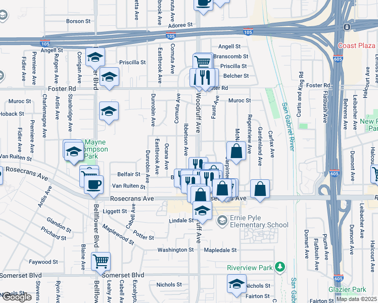 map of restaurants, bars, coffee shops, grocery stores, and more near 13836 Ibbetson Avenue in Bellflower