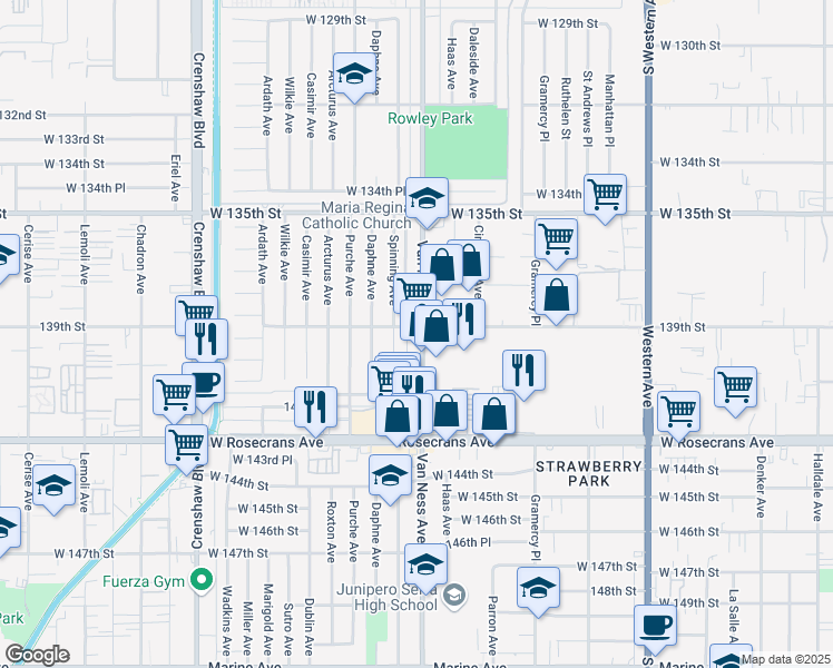 map of restaurants, bars, coffee shops, grocery stores, and more near 13808 Spinning Avenue in Gardena
