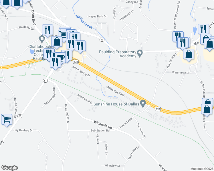 map of restaurants, bars, coffee shops, grocery stores, and more near 178 Silver Fox Trail in Dallas