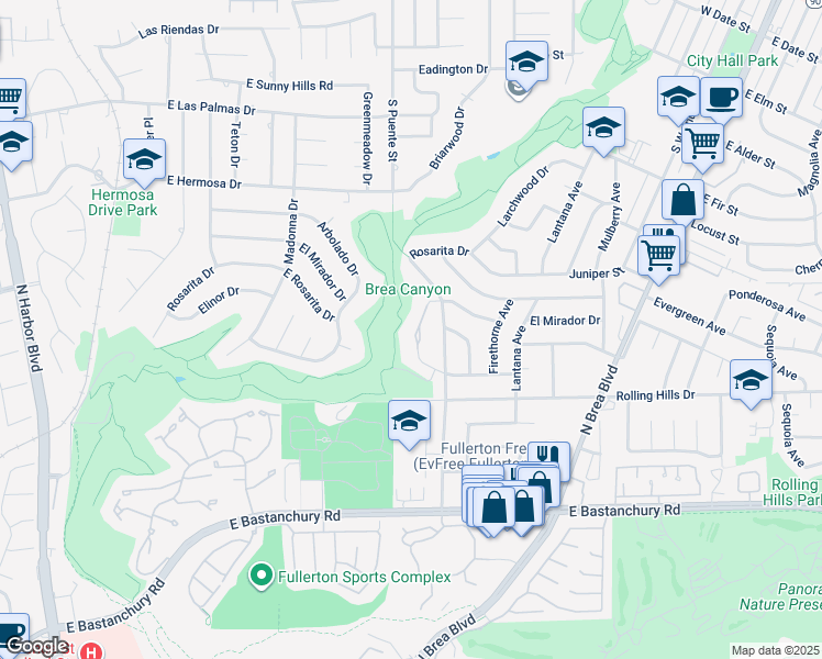 map of restaurants, bars, coffee shops, grocery stores, and more near 728 Arroues Drive in Fullerton