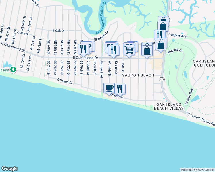 map of restaurants, bars, coffee shops, grocery stores, and more near 207 Womble Street in Oak Island