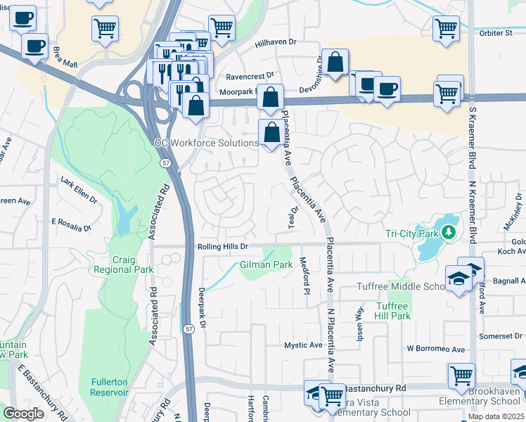 map of restaurants, bars, coffee shops, grocery stores, and more near 2924 Sparrow Drive in Fullerton