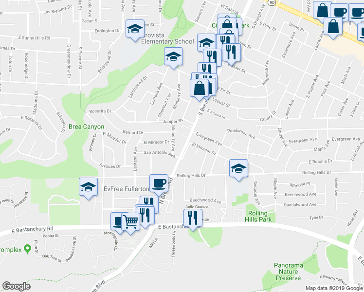 map of restaurants, bars, coffee shops, grocery stores, and more near 2941 North Brea Boulevard in Fullerton