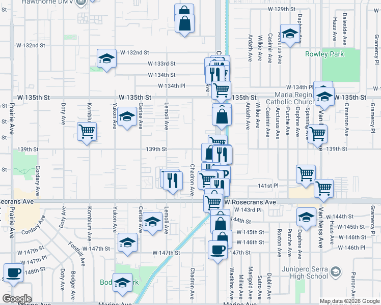 map of restaurants, bars, coffee shops, grocery stores, and more near 3204 139th Street in Hawthorne