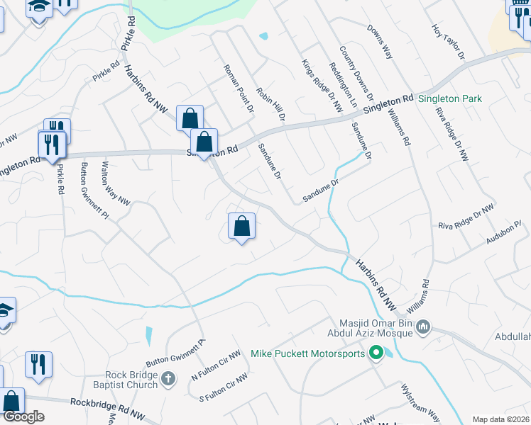 map of restaurants, bars, coffee shops, grocery stores, and more near 1247 Harbins Road Northwest in Norcross