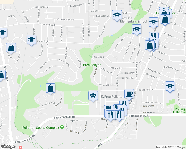 map of restaurants, bars, coffee shops, grocery stores, and more near 728 Arroues Drive in Fullerton