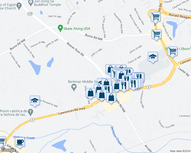 map of restaurants, bars, coffee shops, grocery stores, and more near 4236 Beaver Ruin Court in Lilburn