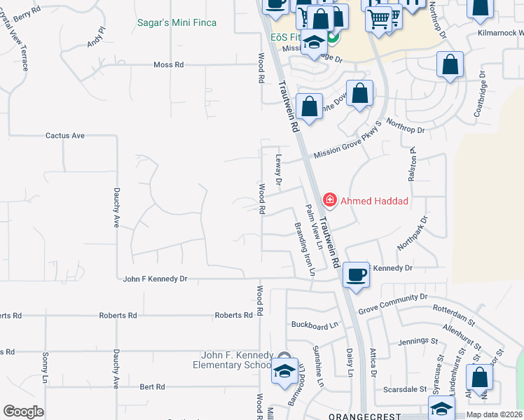 map of restaurants, bars, coffee shops, grocery stores, and more near 14775 Wood Road in Riverside