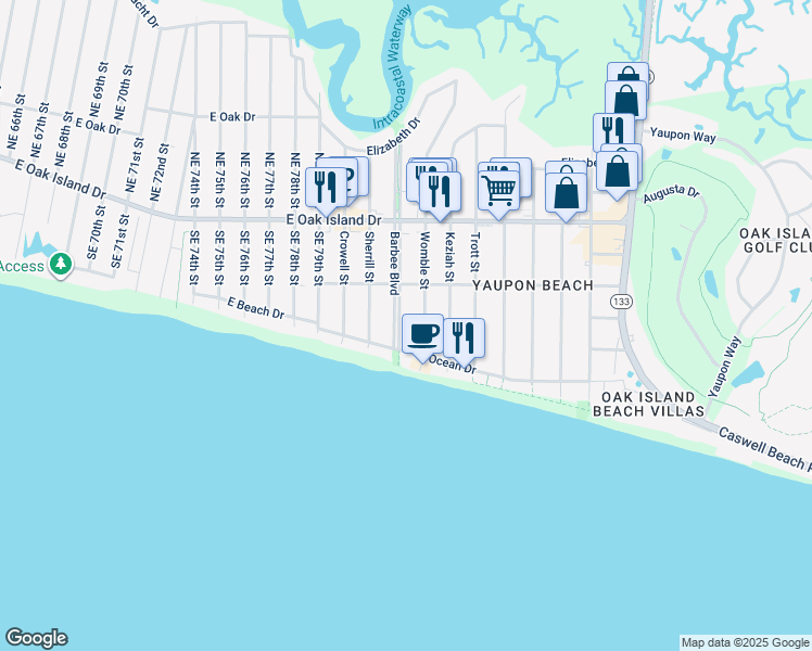 map of restaurants, bars, coffee shops, grocery stores, and more near 204 Barbee Boulevard in Oak Island