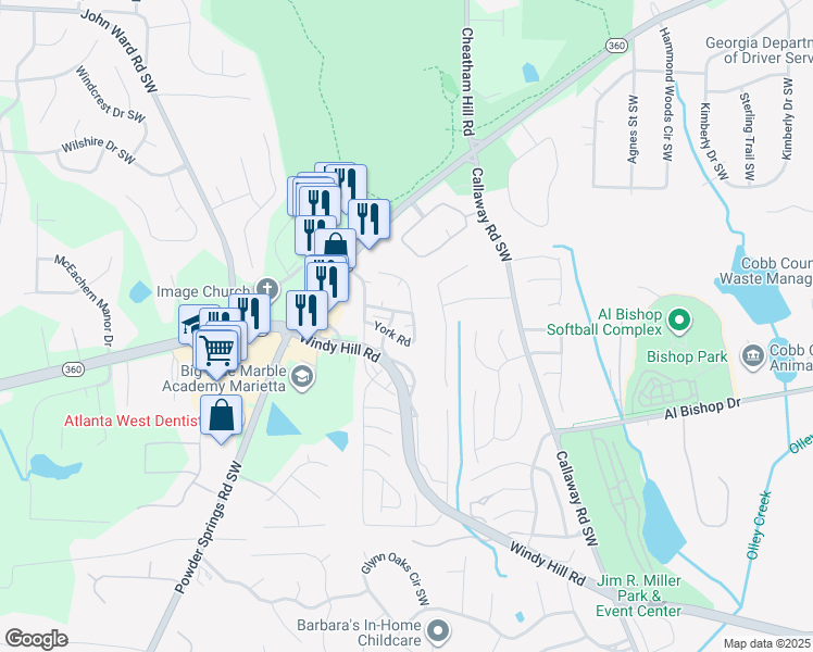map of restaurants, bars, coffee shops, grocery stores, and more near 224 Berkshire Circle in Marietta