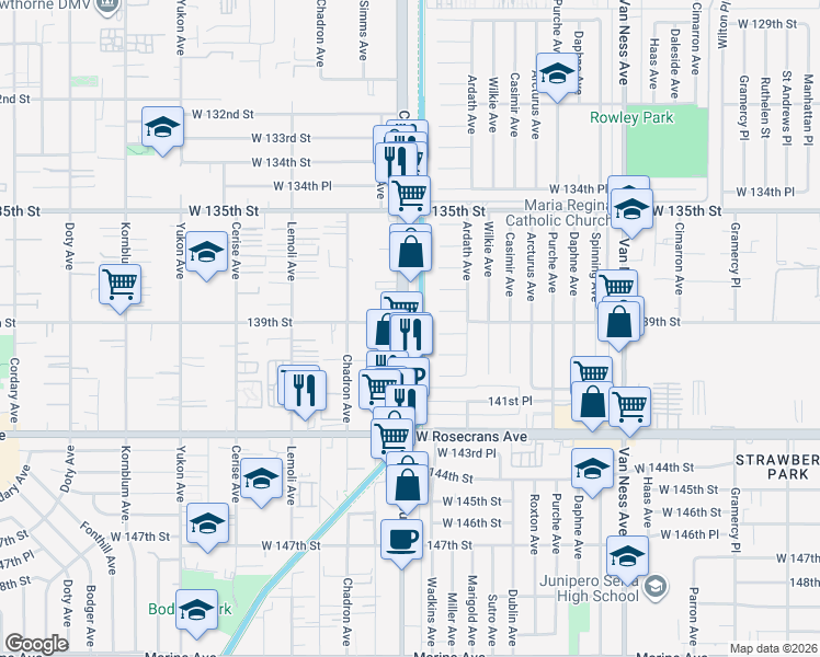 map of restaurants, bars, coffee shops, grocery stores, and more near 13900 Crenshaw Boulevard in Gardena