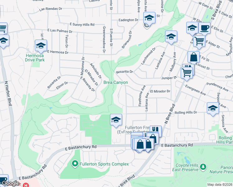 map of restaurants, bars, coffee shops, grocery stores, and more near 728 Arroues Drive in Fullerton