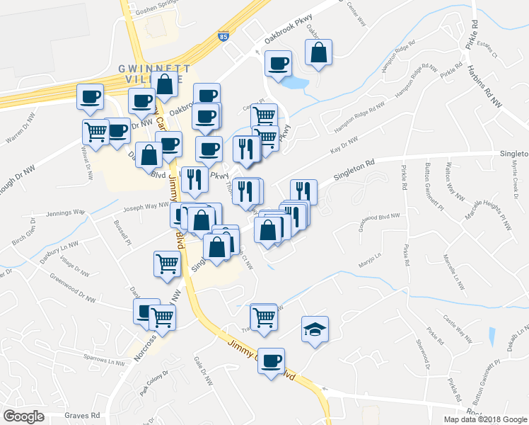 map of restaurants, bars, coffee shops, grocery stores, and more near 6065 Singleton Rd in Norcross