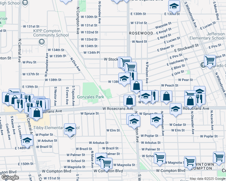 map of restaurants, bars, coffee shops, grocery stores, and more near 1421 North Wilmington Avenue in Compton