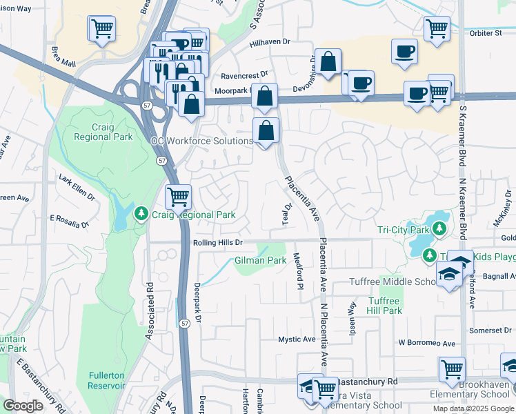 map of restaurants, bars, coffee shops, grocery stores, and more near 2924 Sparrow Drive in Fullerton