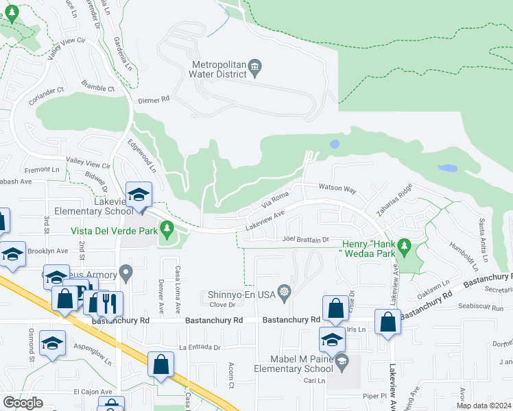 map of restaurants, bars, coffee shops, grocery stores, and more near 17872 Via Roma in Yorba Linda