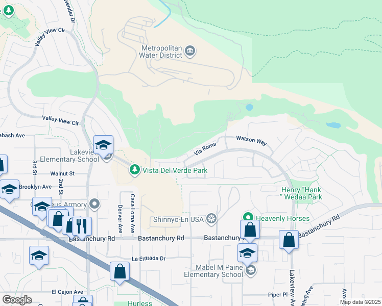 map of restaurants, bars, coffee shops, grocery stores, and more near 17862 Via Roma in Yorba Linda