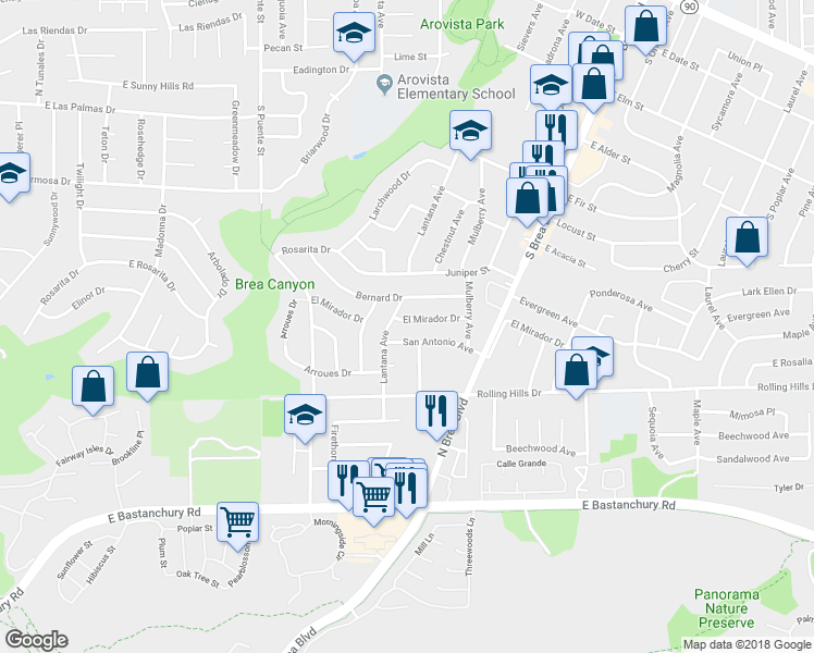 map of restaurants, bars, coffee shops, grocery stores, and more near 1008 El Mirador Drive in Fullerton