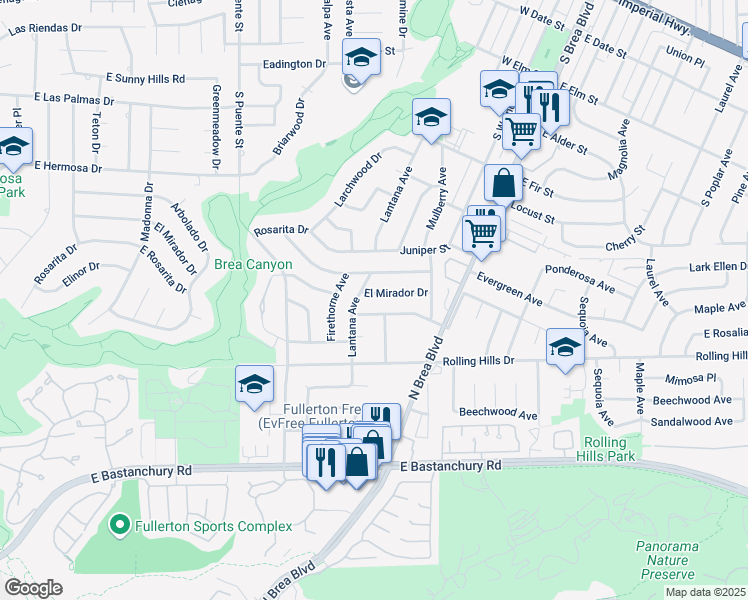 map of restaurants, bars, coffee shops, grocery stores, and more near 1008 El Mirador Drive in Fullerton
