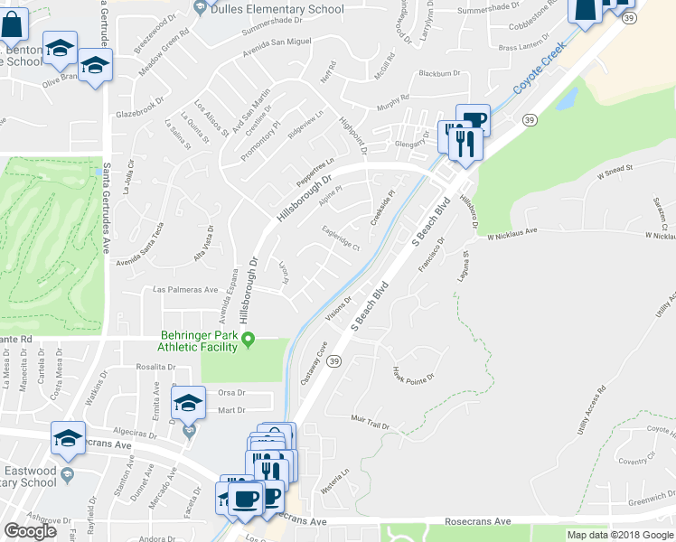 map of restaurants, bars, coffee shops, grocery stores, and more near 16317 Glen Alder Court in La Mirada