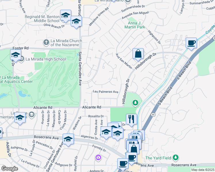 map of restaurants, bars, coffee shops, grocery stores, and more near 15963 Alta Vista Drive in La Mirada