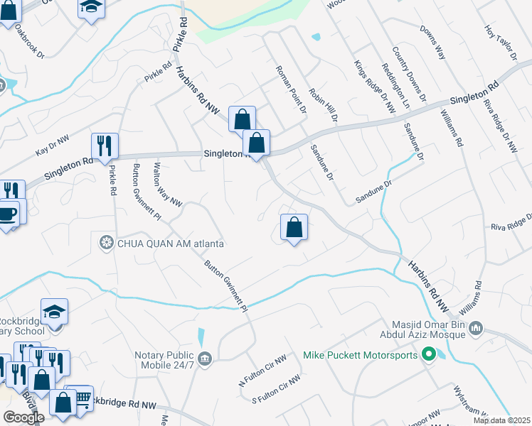 map of restaurants, bars, coffee shops, grocery stores, and more near 1295 Harbins Road in Norcross