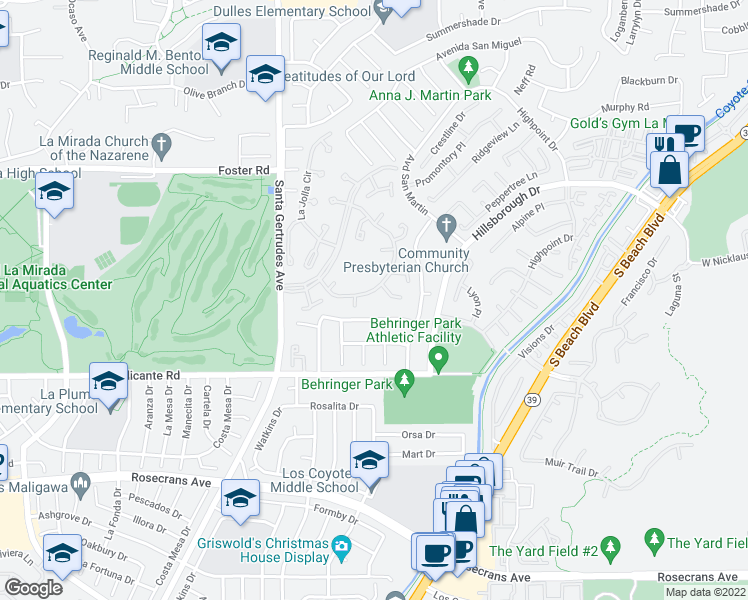 map of restaurants, bars, coffee shops, grocery stores, and more near 15955 Alta Vista Drive in La Mirada