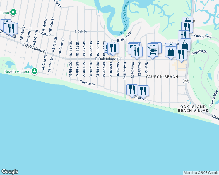 map of restaurants, bars, coffee shops, grocery stores, and more near 207 Crowell Street in Oak Island