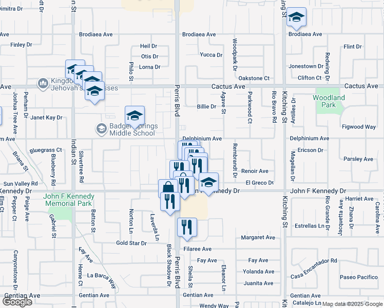 map of restaurants, bars, coffee shops, grocery stores, and more near 14890 Perris Boulevard in Moreno Valley
